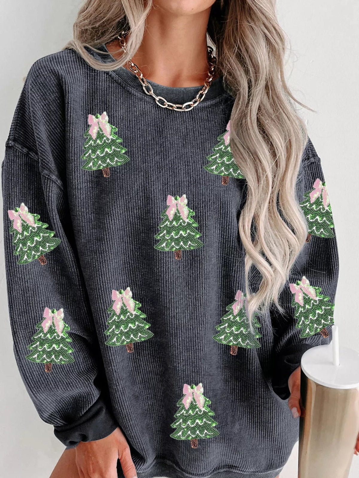 Wicked Thread Society charcoal grey ribbed sweatshirt featuring a festive sequin Christmas tree pattern.