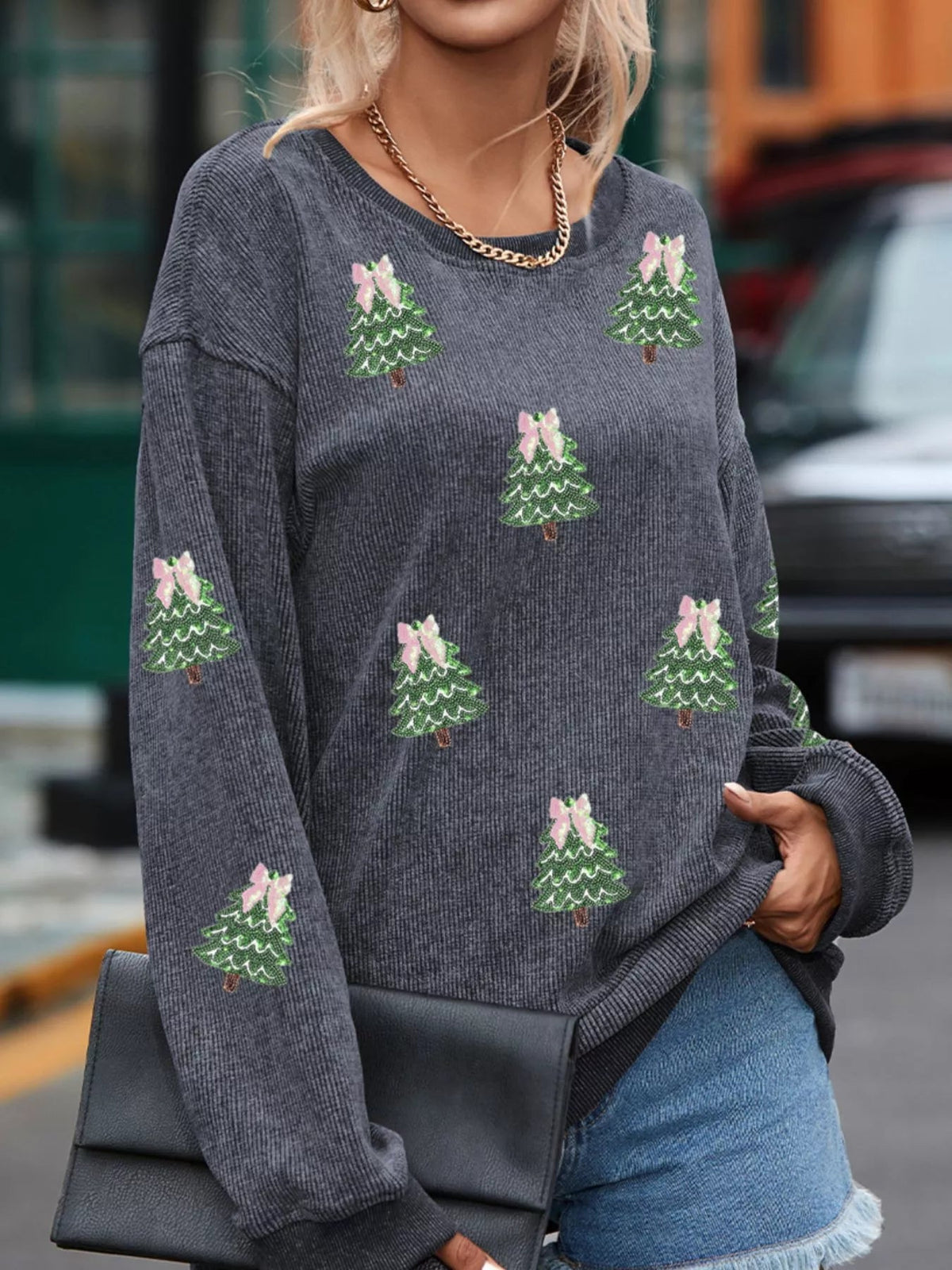 Wicked Thread Society charcoal grey ribbed sweatshirt featuring sequin Christmas tree patches and a round neckline.