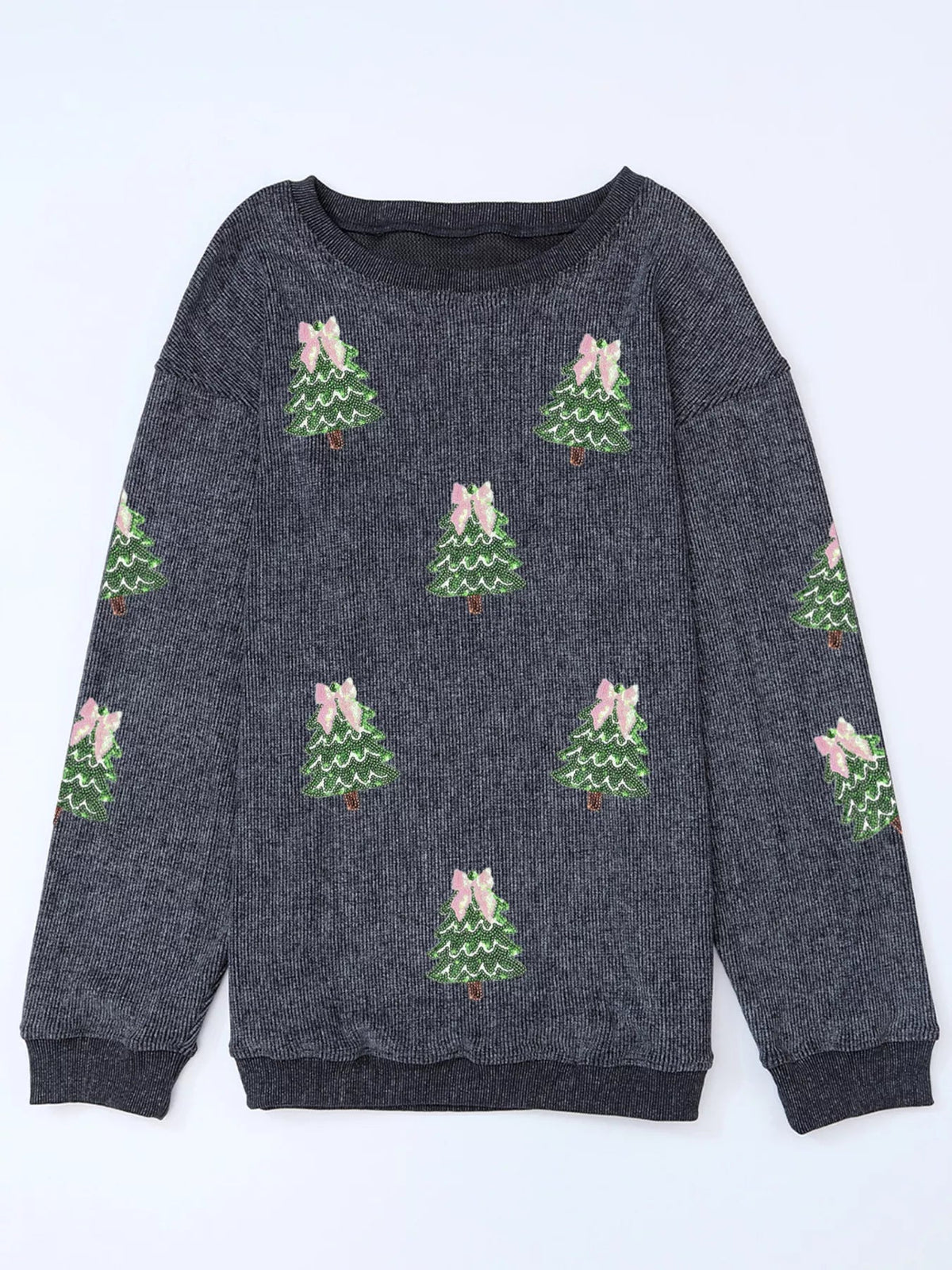 Wicked Thread Society charcoal grey ribbed sweatshirt featuring a repeating sequin Christmas tree pattern with bows.