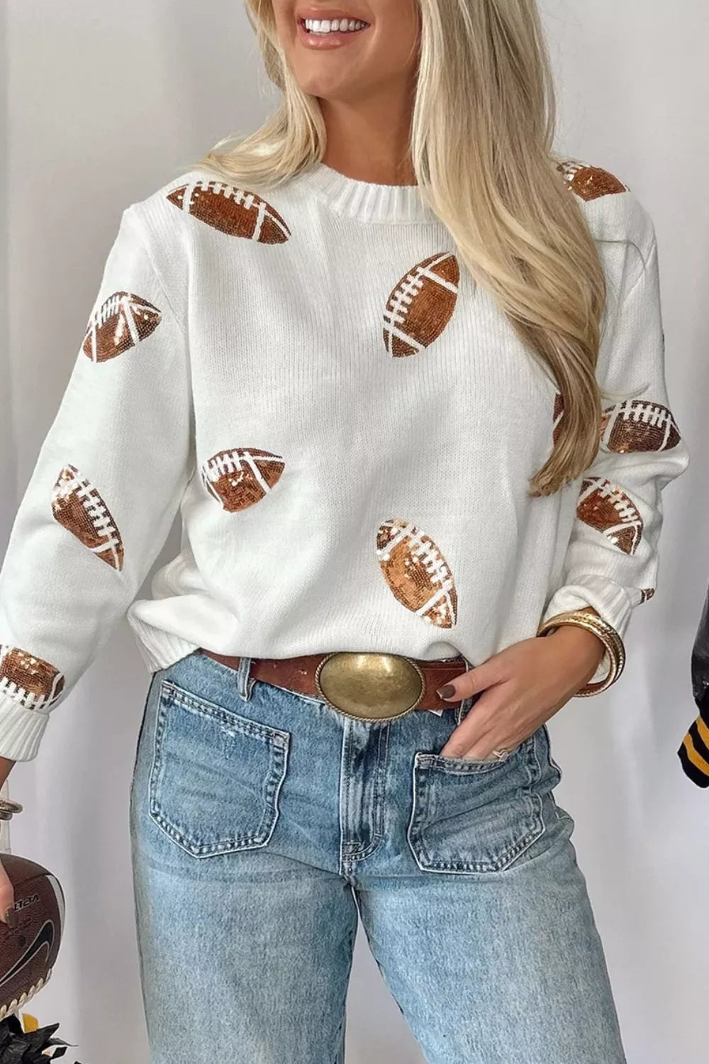 Wicked Thread Society white long sleeve sweater with brown sequin football patterns and a round neck