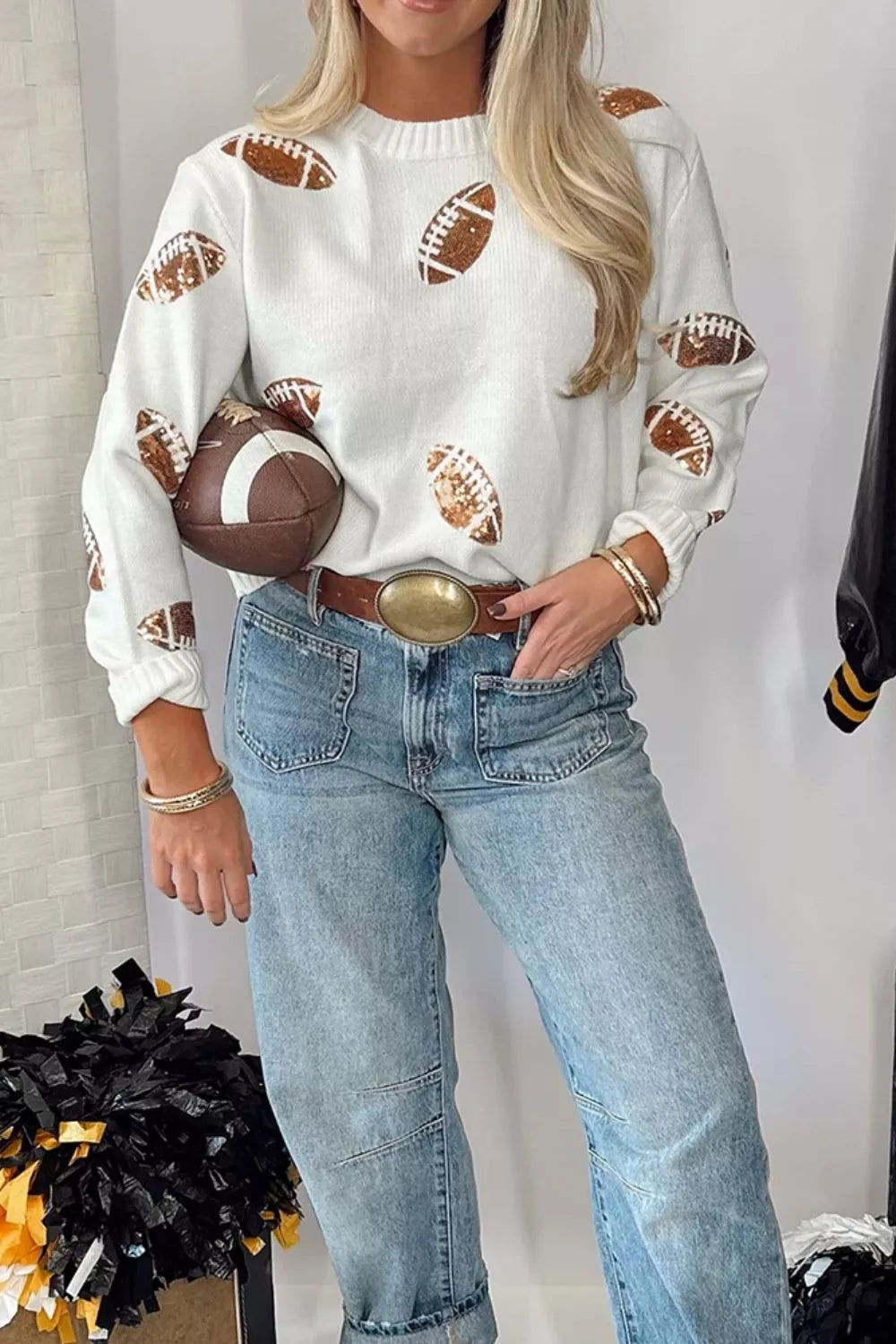 Wicked Thread Society white long sleeve sweater with brown sequin football print and round neck