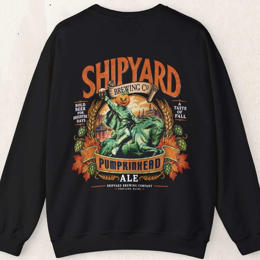 Wicked Thread Society black crewneck sweatshirt featuring a vintage Shipyard Pumpkinhead Ale graphic on the back.
