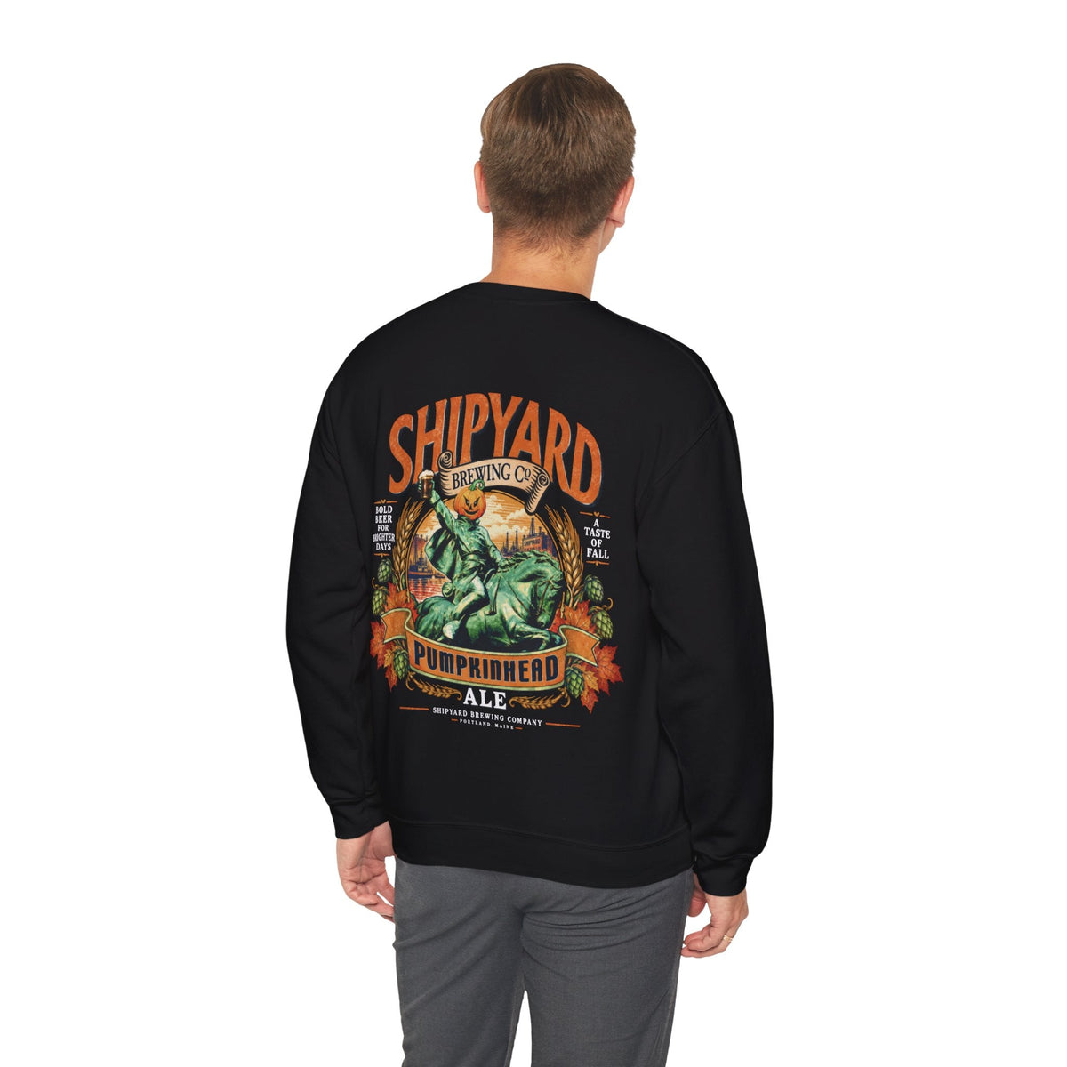 Wicked Thread Society black crewneck sweatshirt featuring a vintage Shipyard Pumpkinhead Ale graphic on the back.