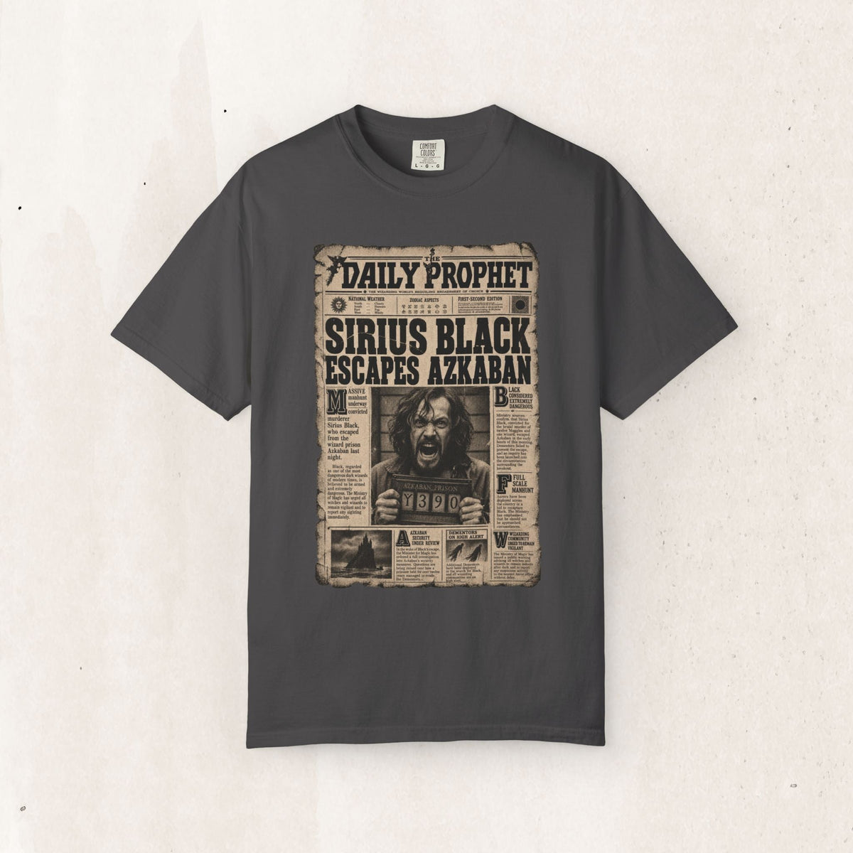 Wicked Thread Society charcoal grey crew neck t-shirt featuring a vintage Daily Prophet Sirius Black graphic print.