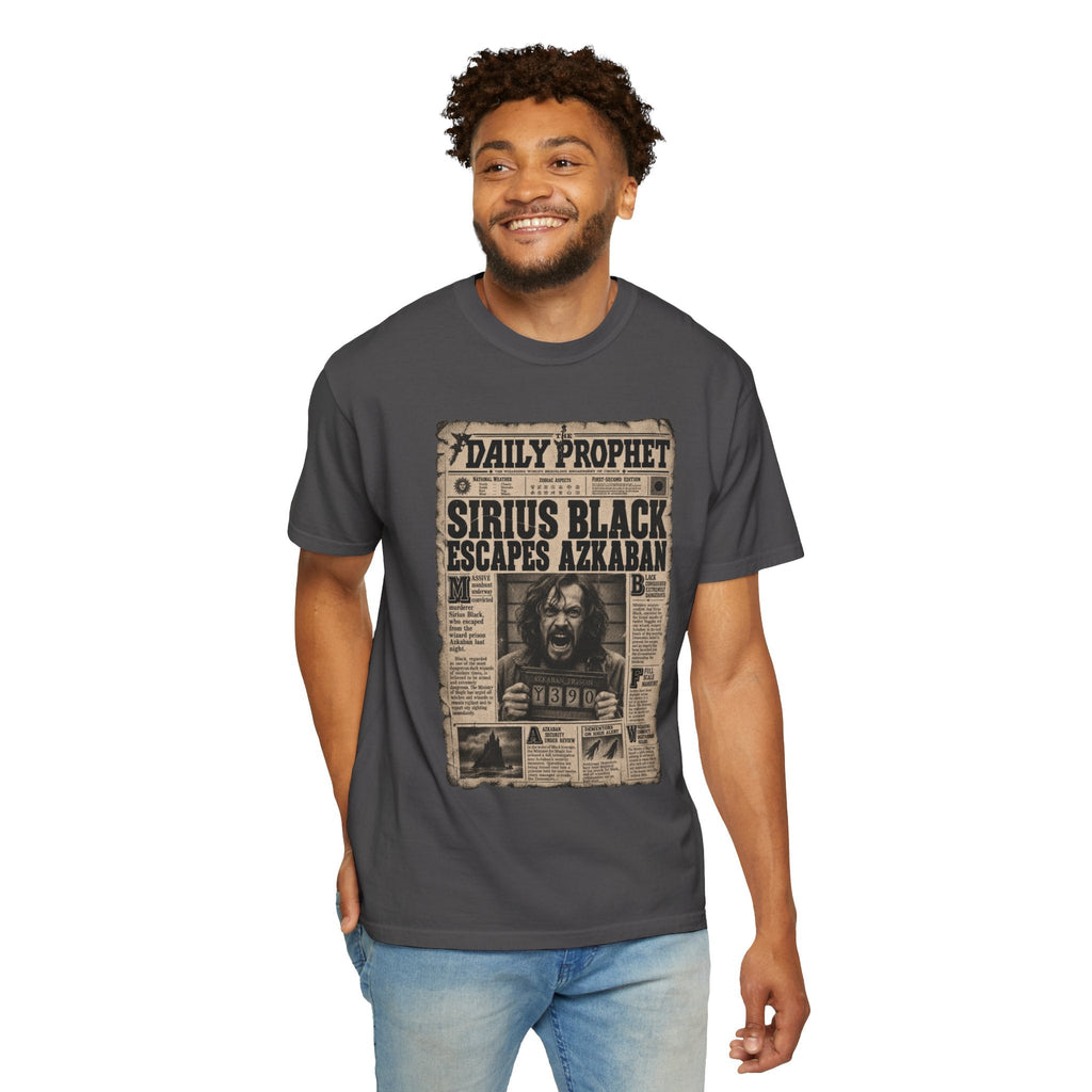 Wicked Thread Society charcoal grey crew neck t-shirt featuring a vintage Sirius Black Daily Prophet newspaper graphic