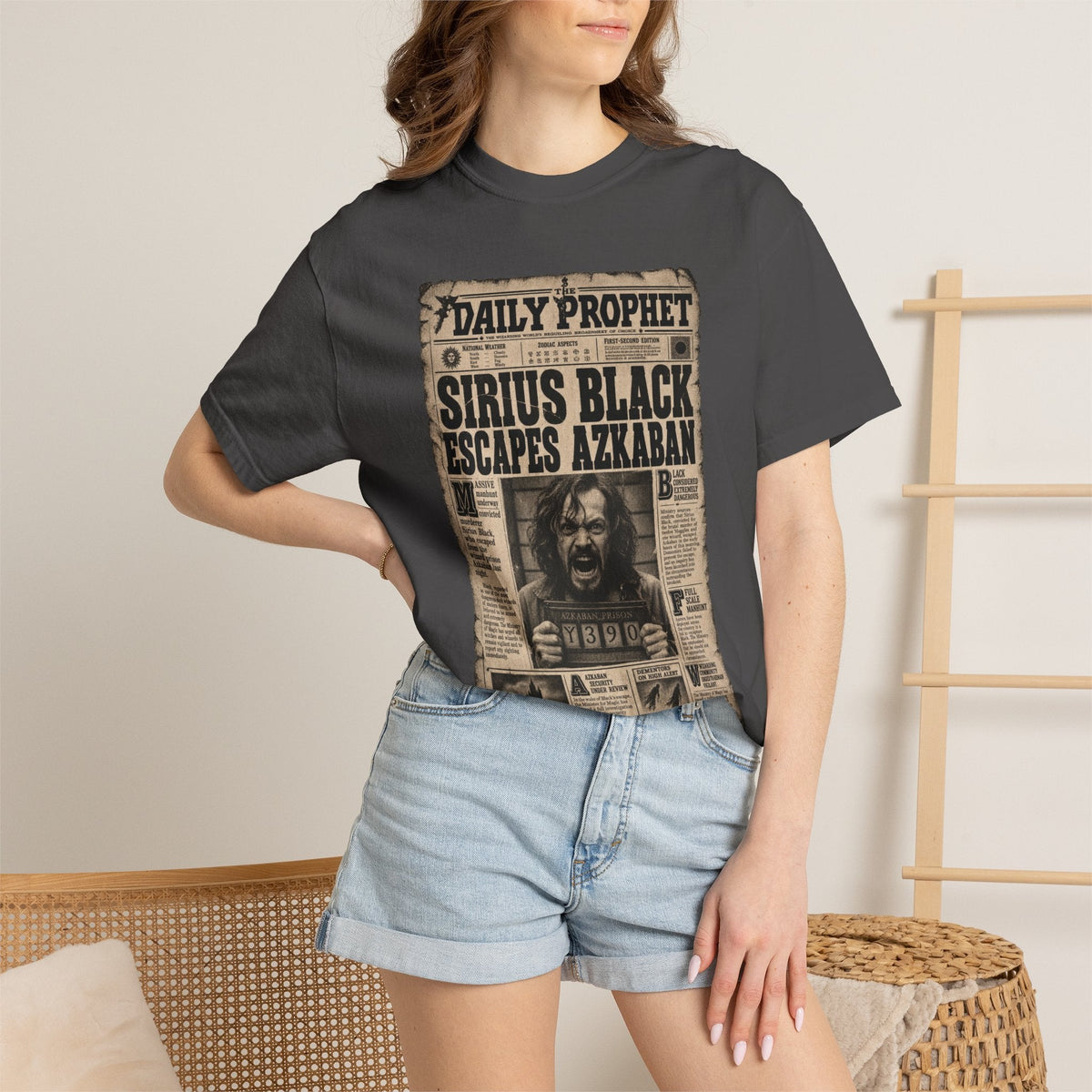 Wicked Thread Society charcoal grey crew neck t-shirt featuring a vintage Sirius Black Daily Prophet newspaper graphic
