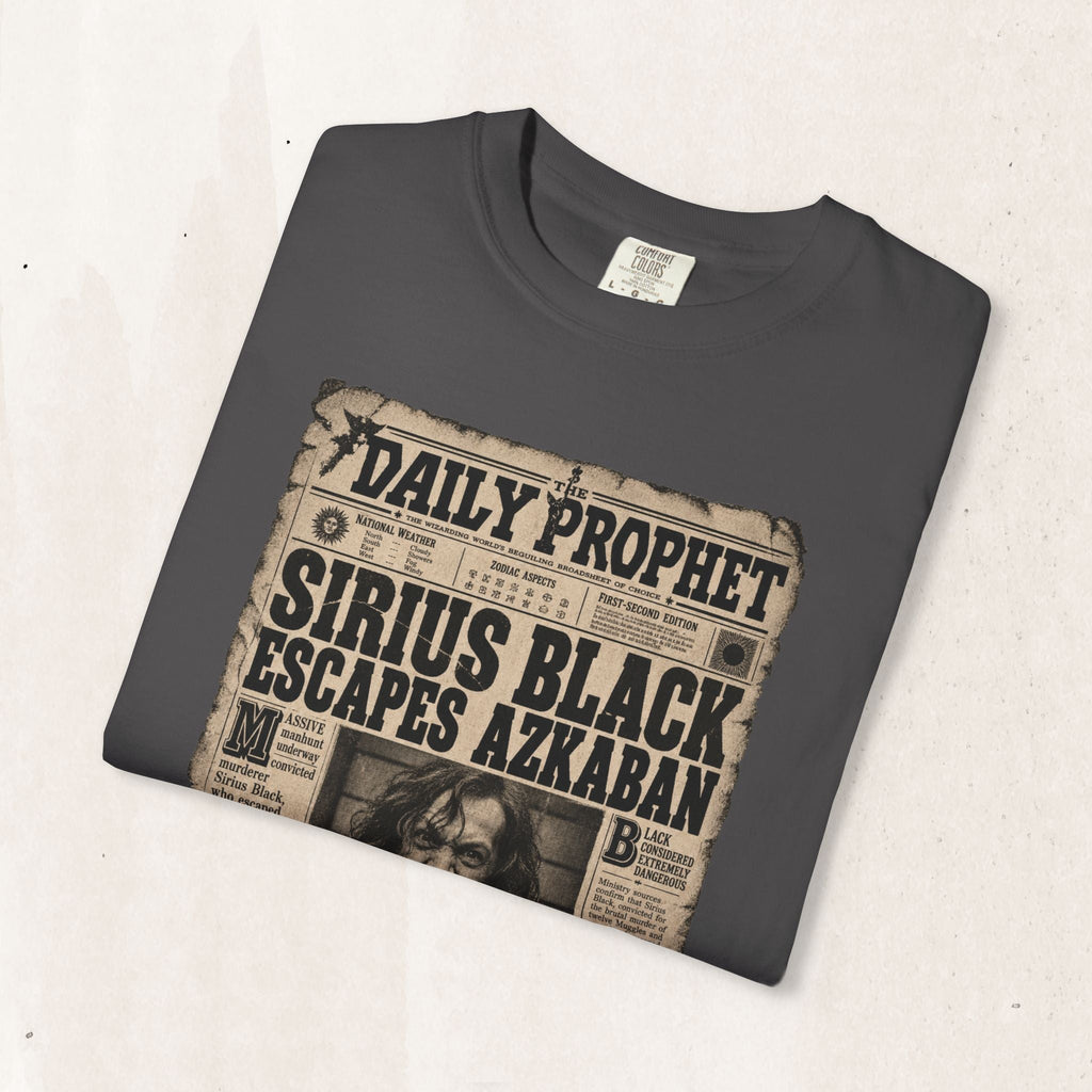 Wicked Thread Society charcoal grey graphic t-shirt featuring a vintage Daily Prophet Sirius Black newspaper print.