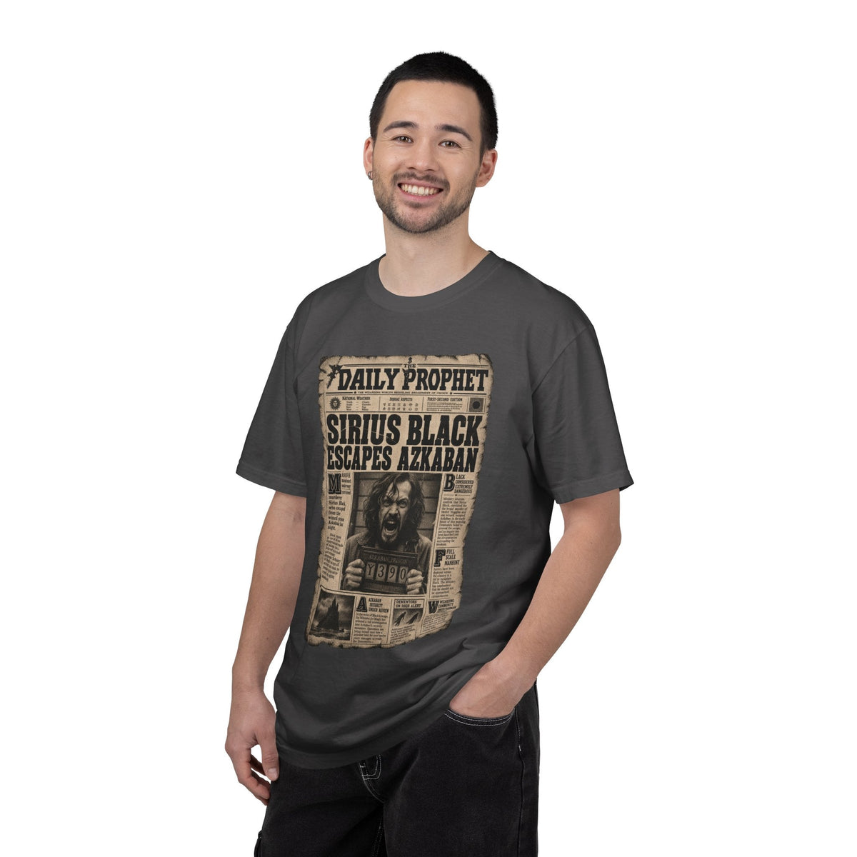 Wicked Thread Society charcoal grey crew neck t-shirt featuring a vintage Daily Prophet Sirius Black graphic print.