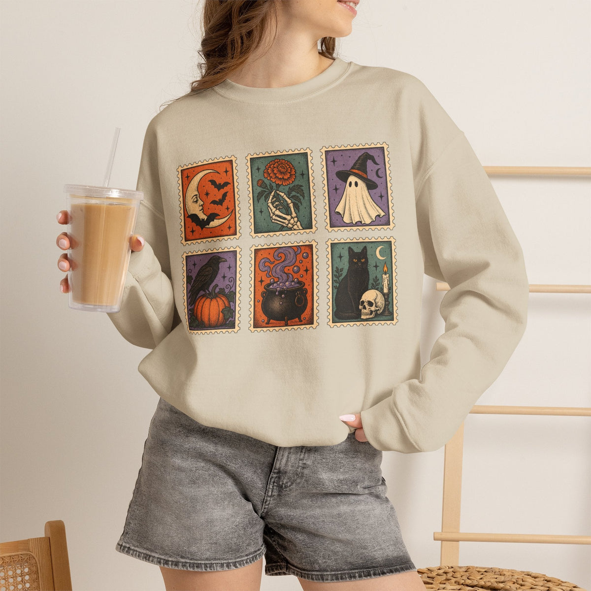 Vintage Spooky Stamp Halloween Sweatshirt in Military Green, alternate view