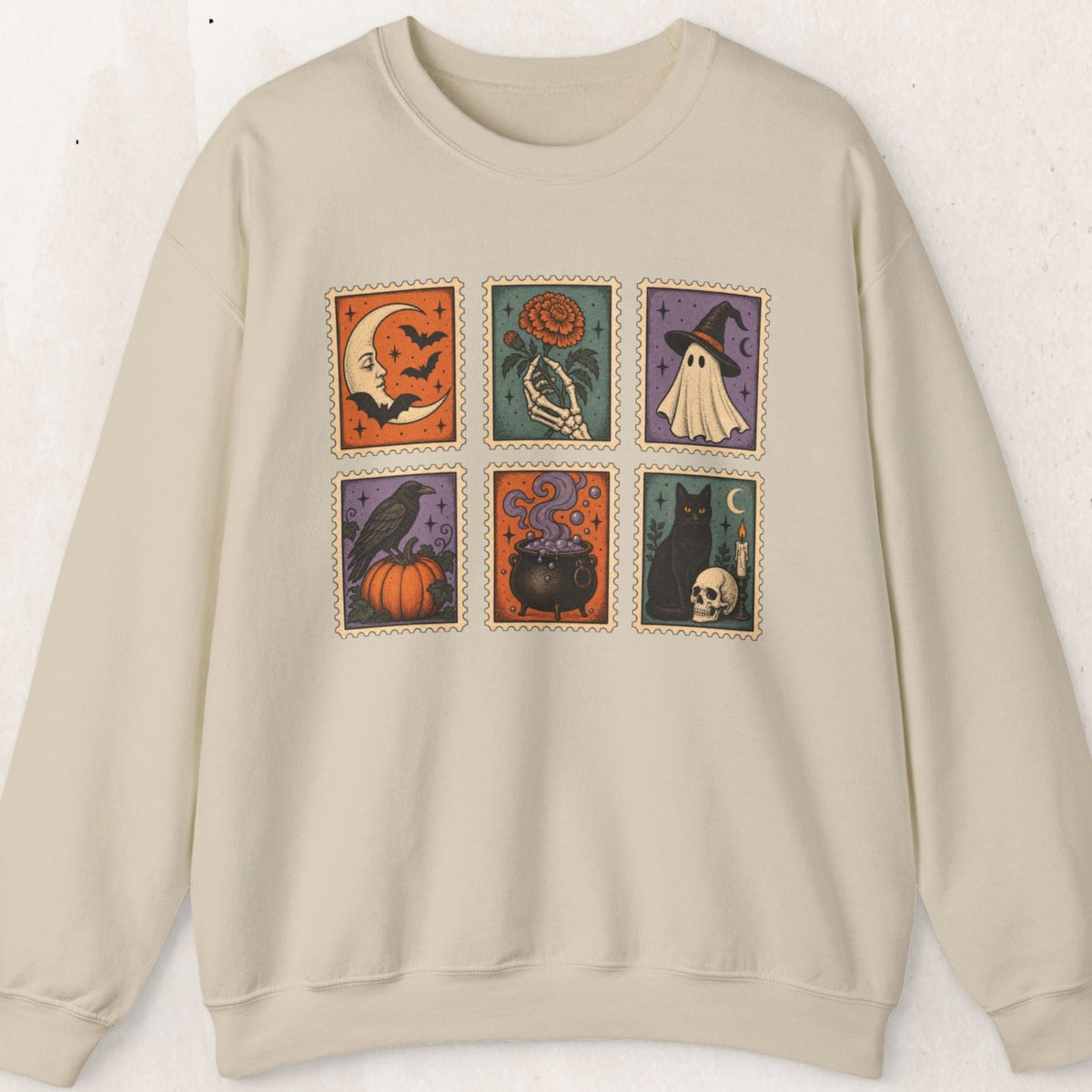 Vintage Spooky Stamp Halloween Sweatshirt – Retro Crewneck – Sand