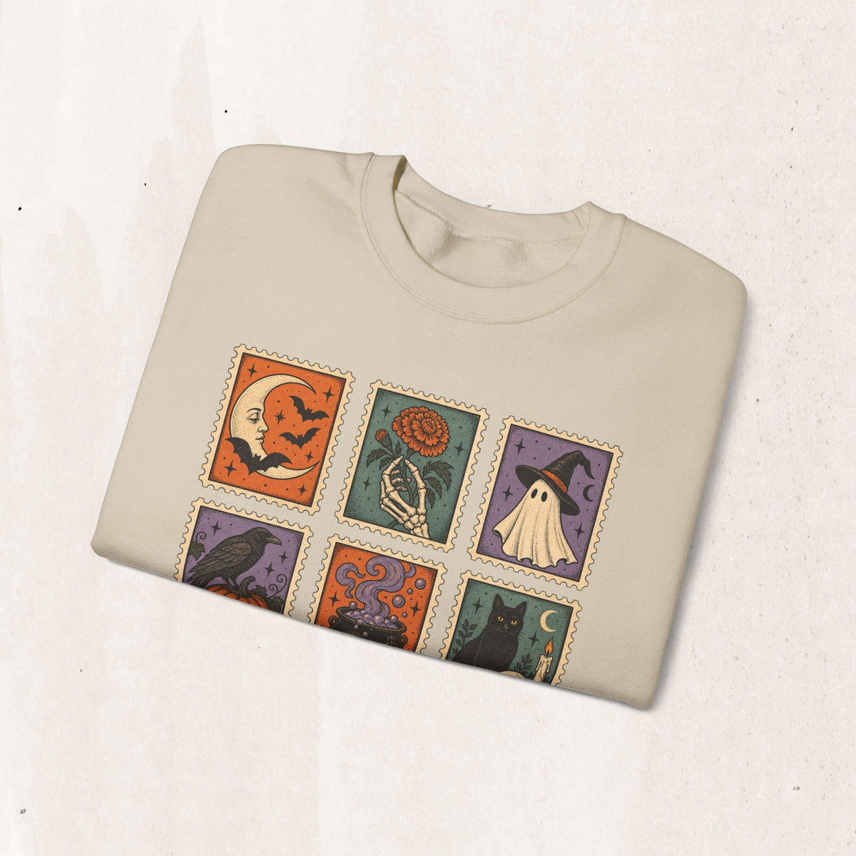Vintage Spooky Stamp Halloween Sweatshirt in Military Green, alternate view