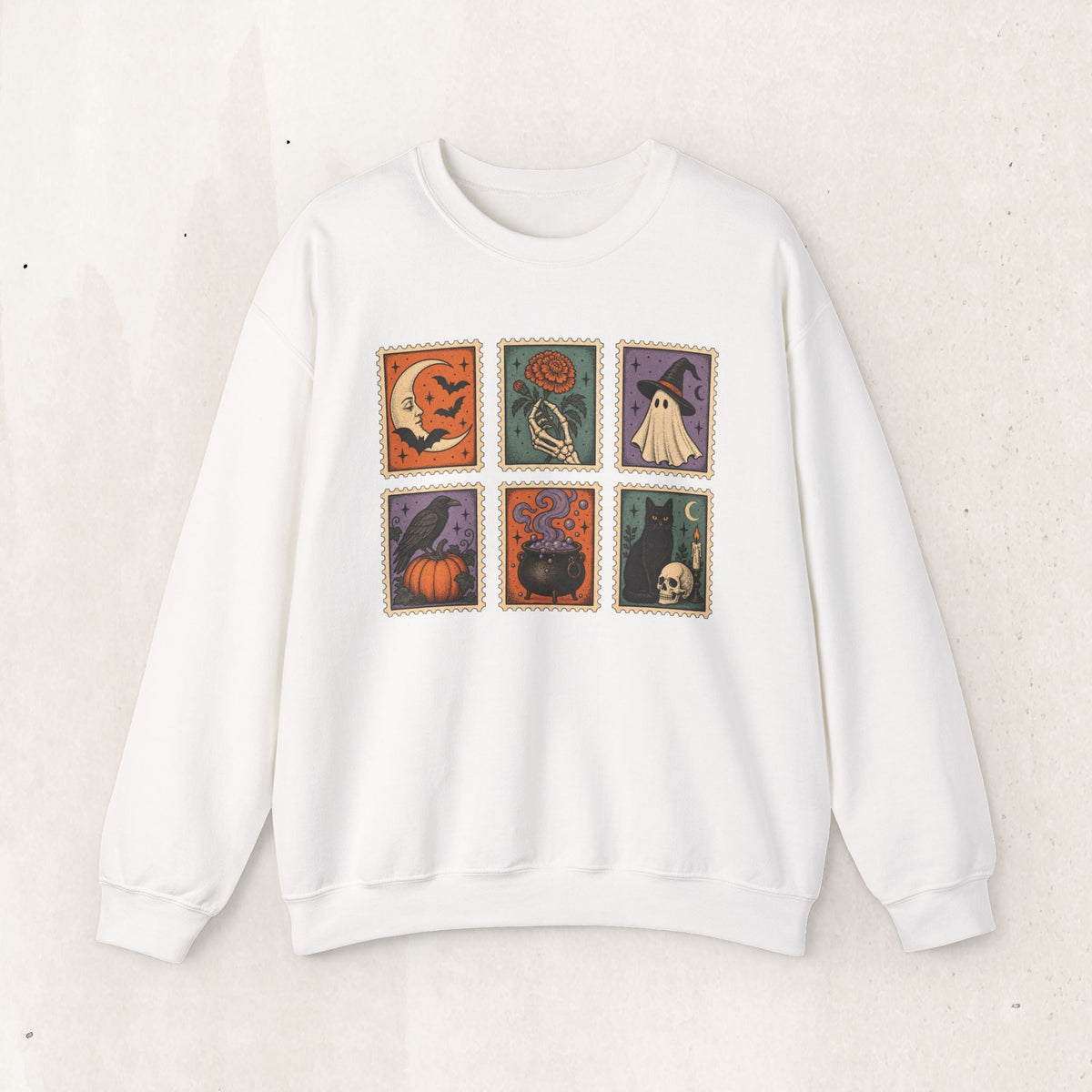Vintage Spooky Stamp Halloween Sweatshirt – Retro Crewneck – White