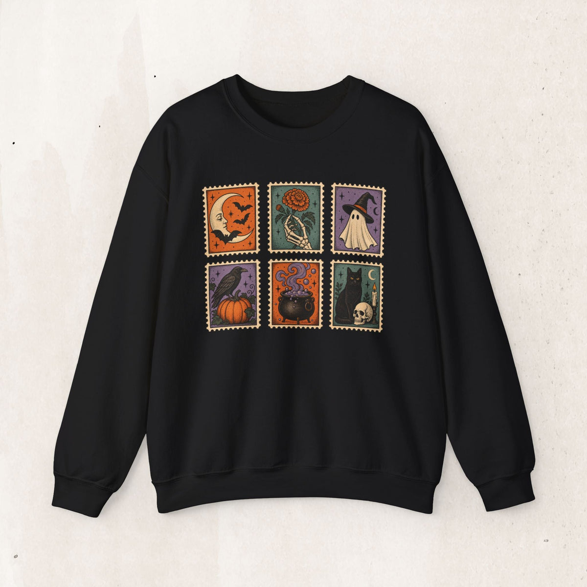 Vintage Spooky Stamp Halloween Sweatshirt – Retro Crewneck – Black