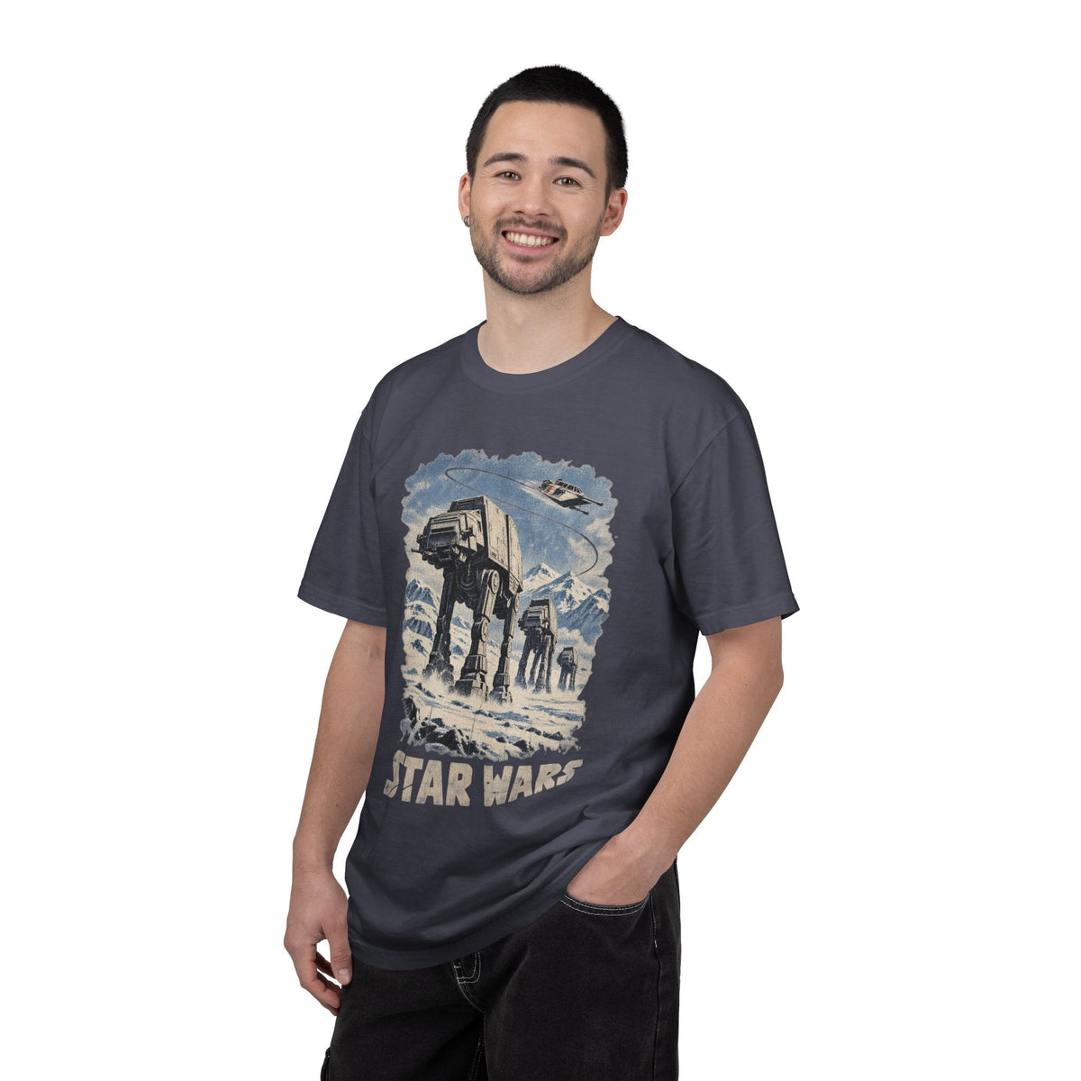 Wicked Thread Society charcoal Star Wars AT-AT Hoth scene graphic t-shirt worn by a smiling man