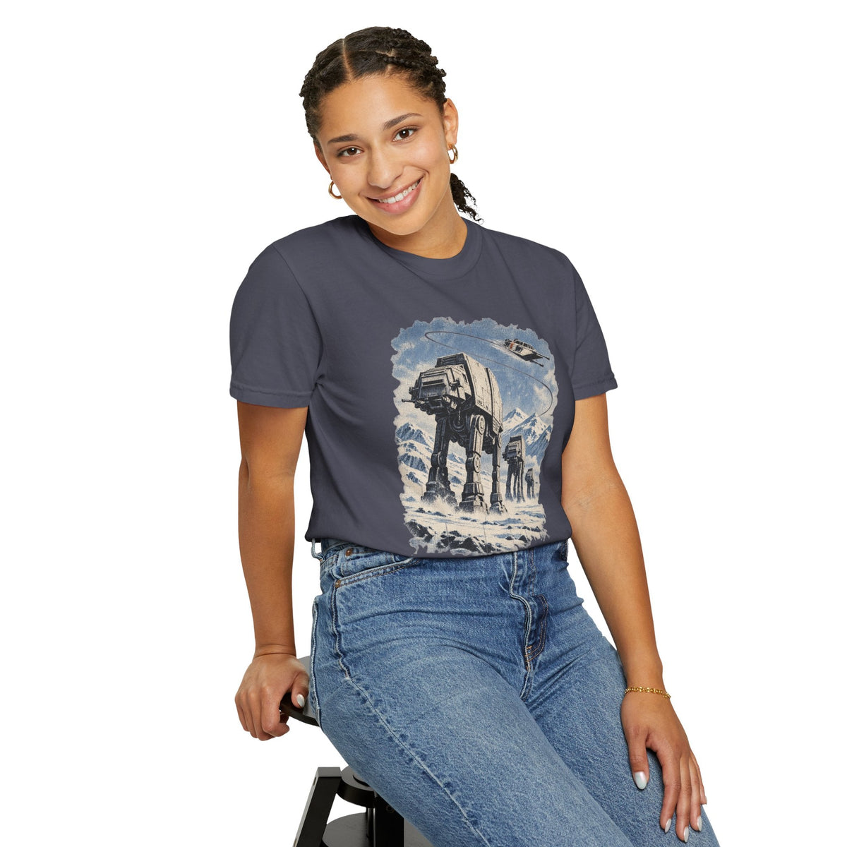 Wicked Thread Society charcoal Star Wars AT-AT Hoth scene graphic t-shirt worn by a smiling woman in blue jeans