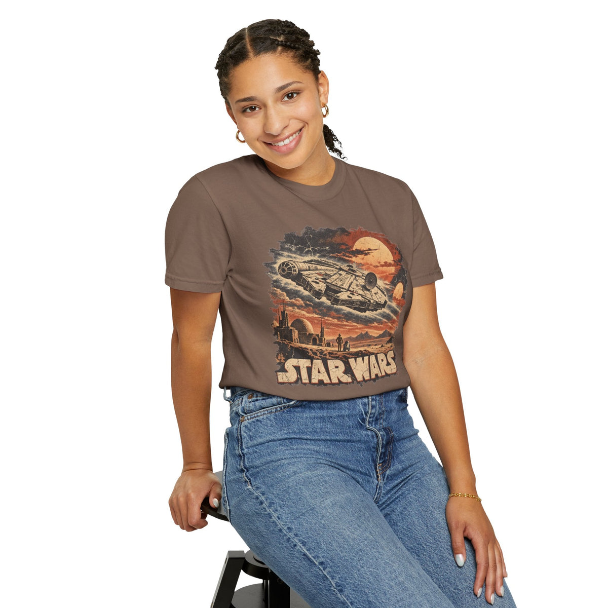 Wicked Thread Society brown Star Wars Millennium Falcon graphic t-shirt worn by a smiling woman with blue jeans