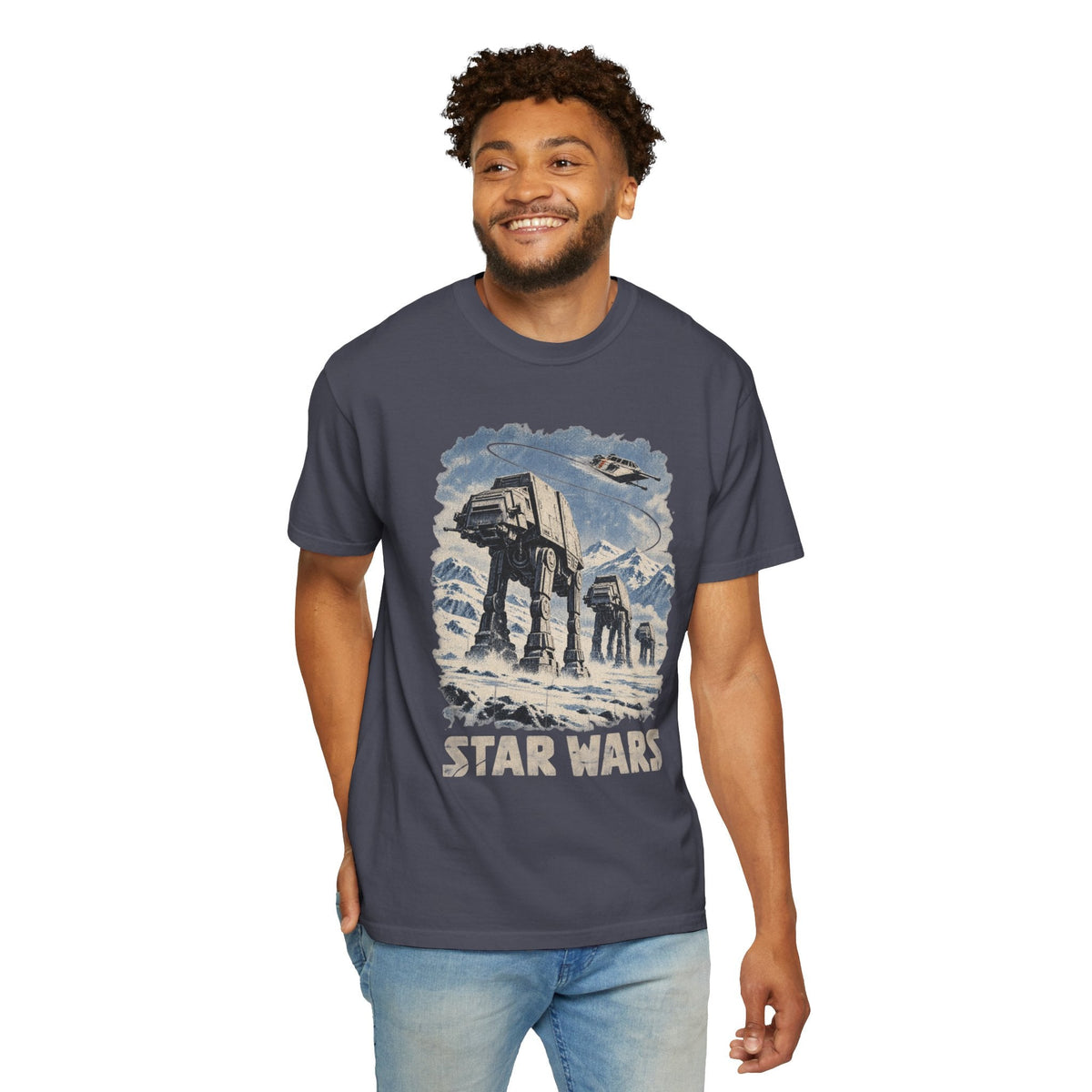 Wicked Thread Society charcoal Star Wars AT-AT Hoth scene graphic t-shirt worn by a smiling man in blue jeans