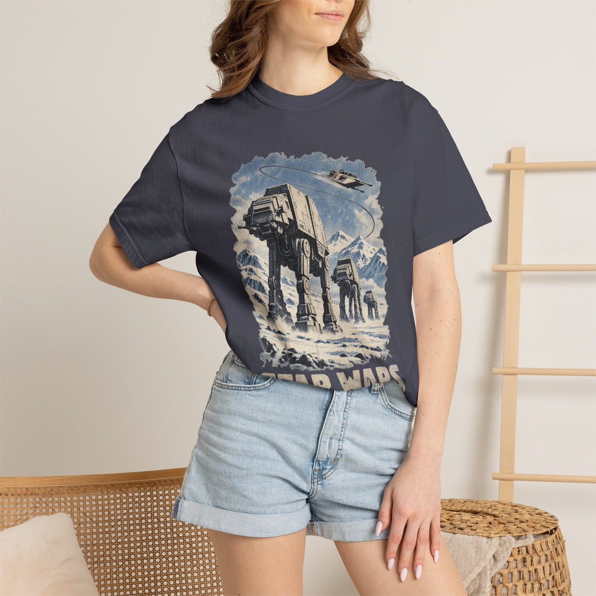 Wicked Thread Society charcoal t-shirt featuring a vintage Star Wars AT-AT Hoth battle scene graphic on a woman