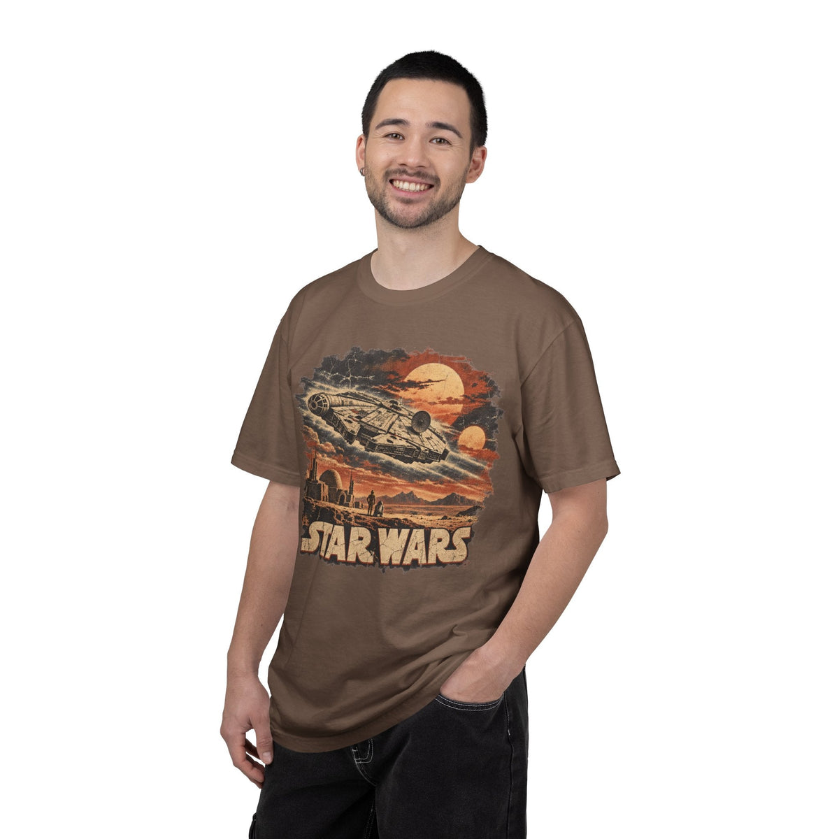 Wicked Thread Society brown Star Wars Millennium Falcon graphic t-shirt worn by a smiling man against a white background