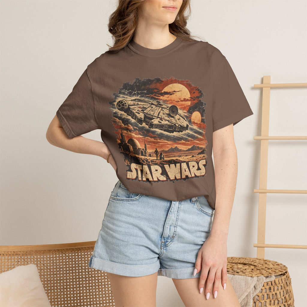Wicked Thread Society brown Star Wars crew neck t-shirt featuring a vintage Millennium Falcon graphic print.