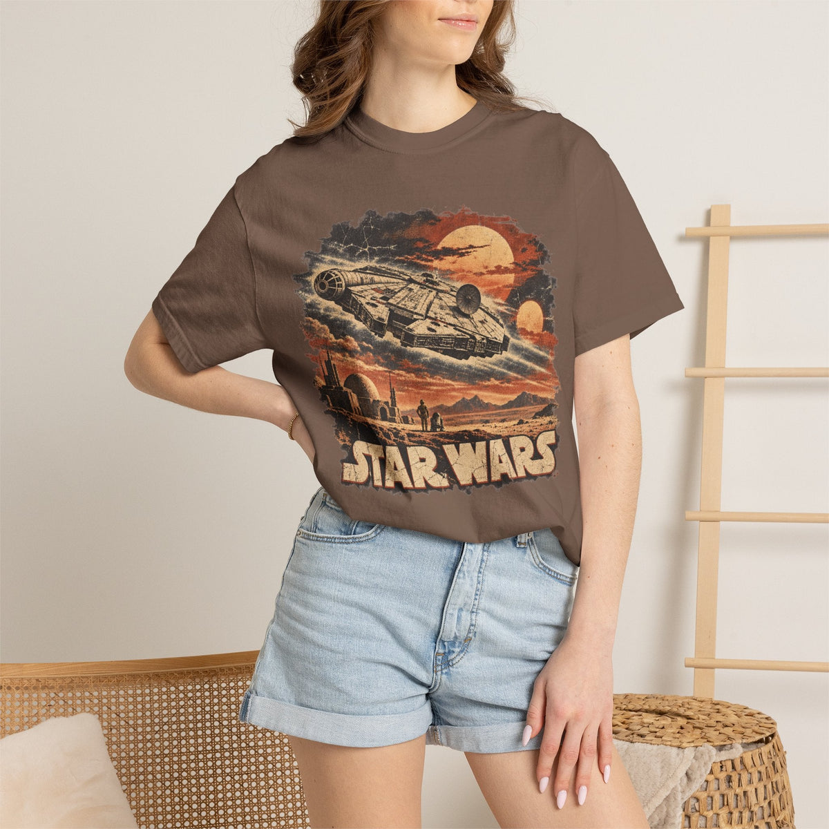 Wicked Thread Society brown Star Wars crew neck t-shirt featuring a vintage Millennium Falcon graphic print.