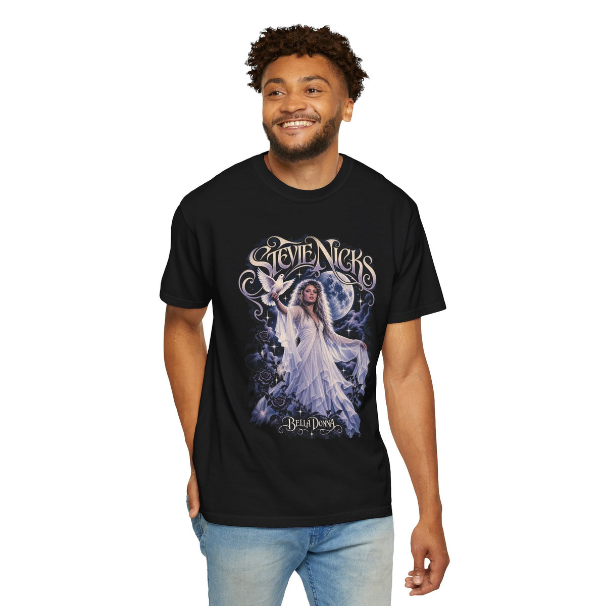 A smiling man wearing a black Wicked Thread Society Stevie Nicks Bella Donna graphic tee with ethereal moon artwork.