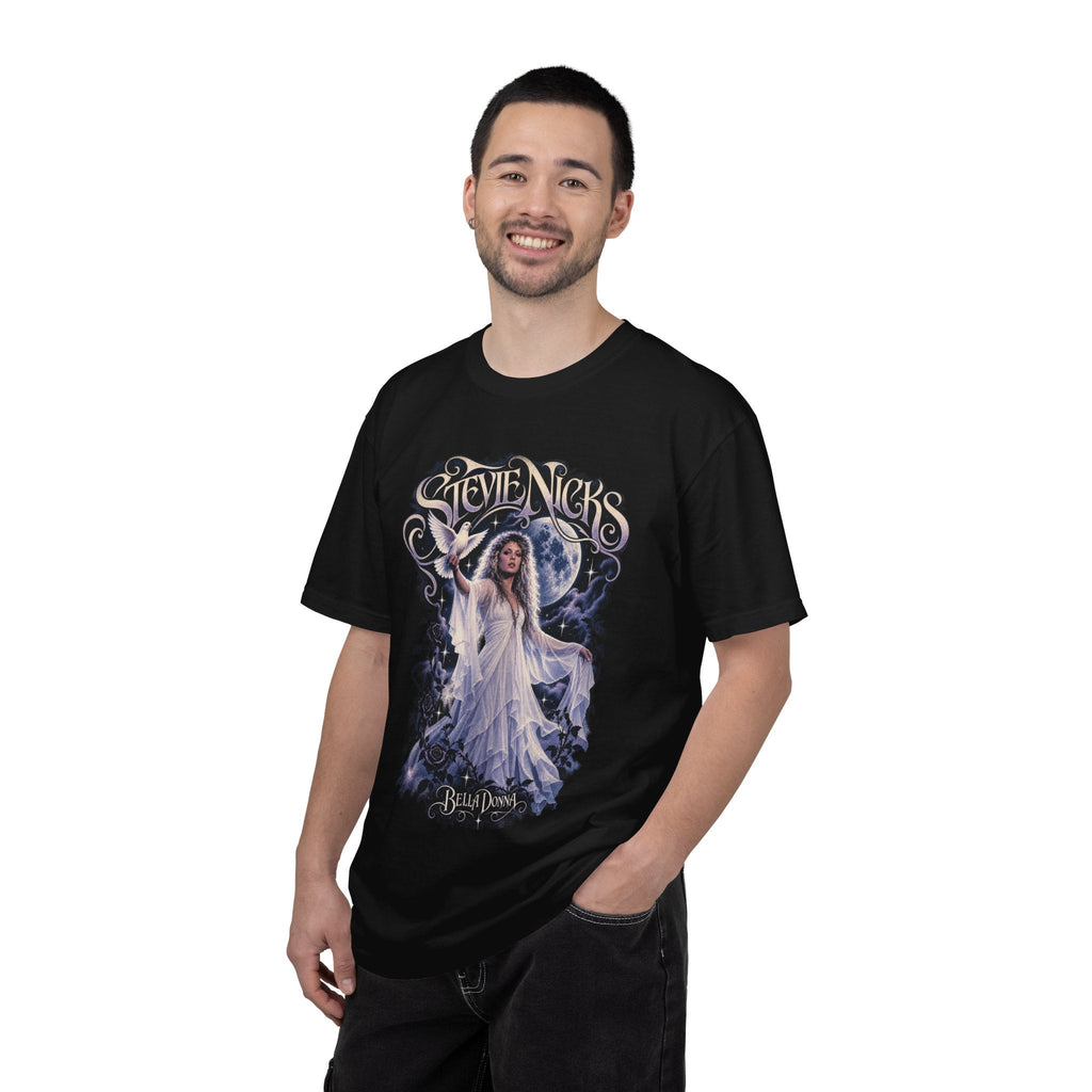 Wicked Thread Society black Stevie Nicks Bella Donna graphic tee worn by a smiling man in a relaxed cotton fit.
