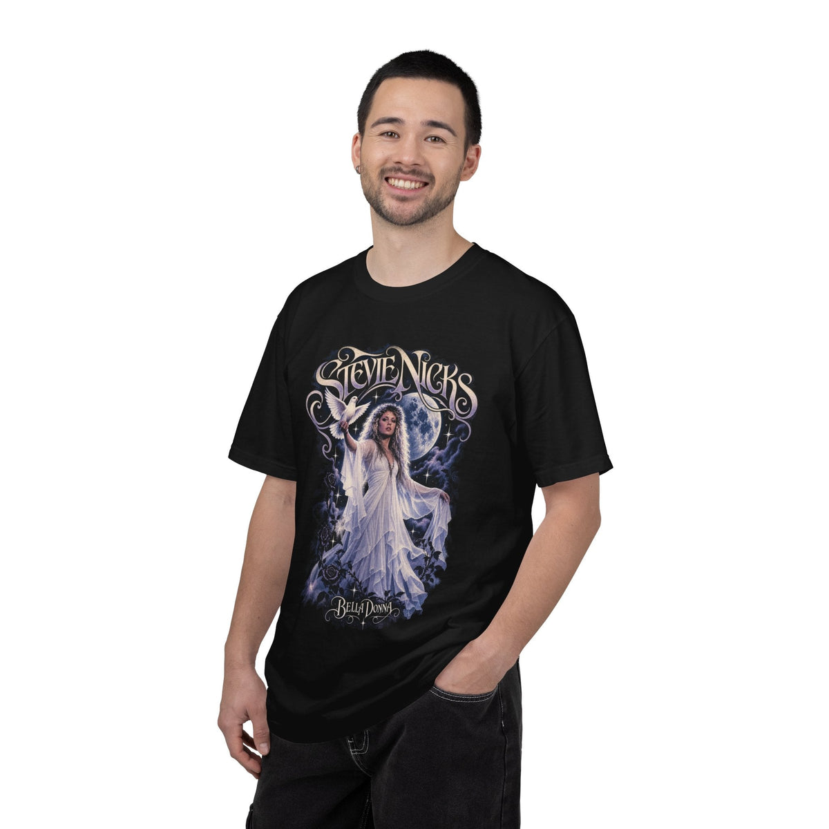 Wicked Thread Society black Stevie Nicks Bella Donna graphic tee worn by a smiling man in a relaxed cotton fit.