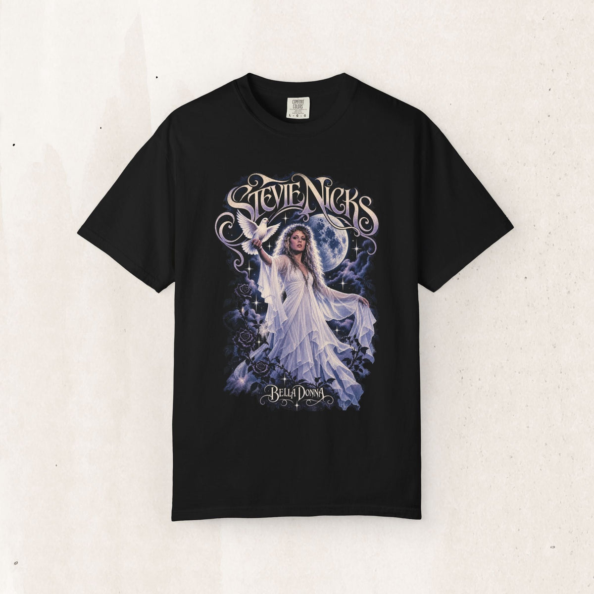 Wicked Thread Society black heavyweight cotton graphic tee featuring vintage-style Stevie Nicks Bella Donna artwork.