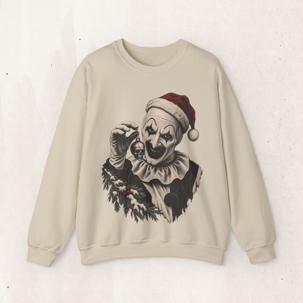 Wicked Thread Society beige crewneck sweatshirt featuring Art the Clown in a Santa hat holding a skull ornament.
