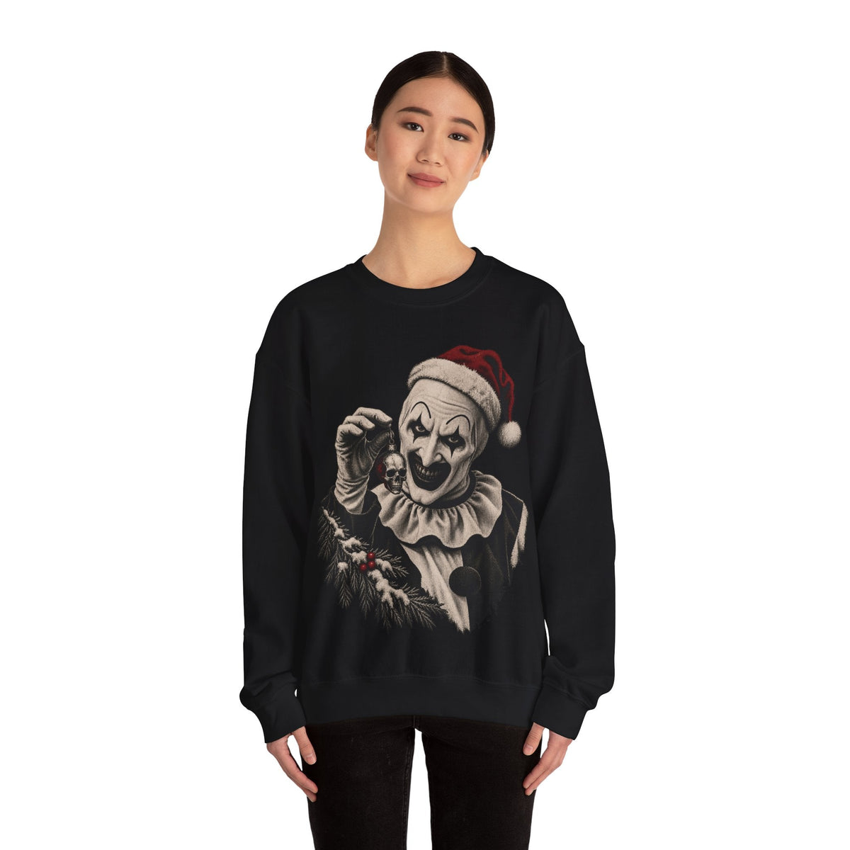 Wicked Thread Society black crewneck sweatshirt featuring Art the Clown from Terrifier wearing a festive Santa hat.