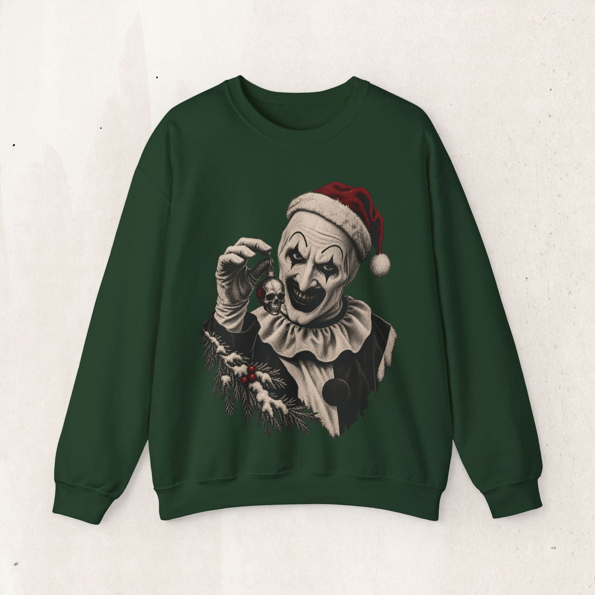 Wicked Thread Society dark green crewneck sweatshirt featuring Art the Clown in a Santa hat holding a skull ornament.