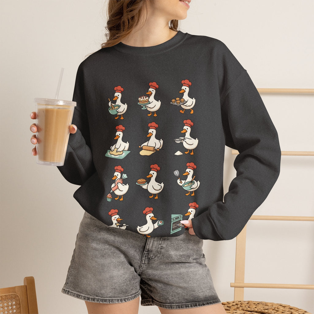 Wicked Thread Society black crewneck sweatshirt featuring a whimsical print of geese baking for Thanksgiving.