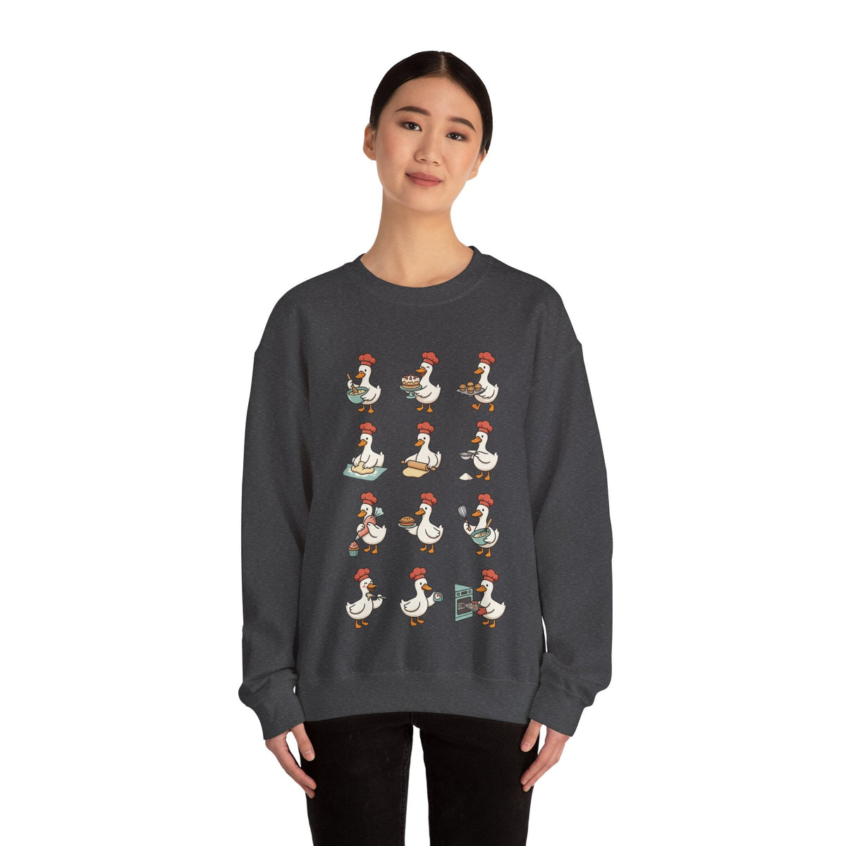 Wicked Thread Society charcoal grey crewneck sweatshirt featuring a whimsical print of geese baking for Thanksgiving.
