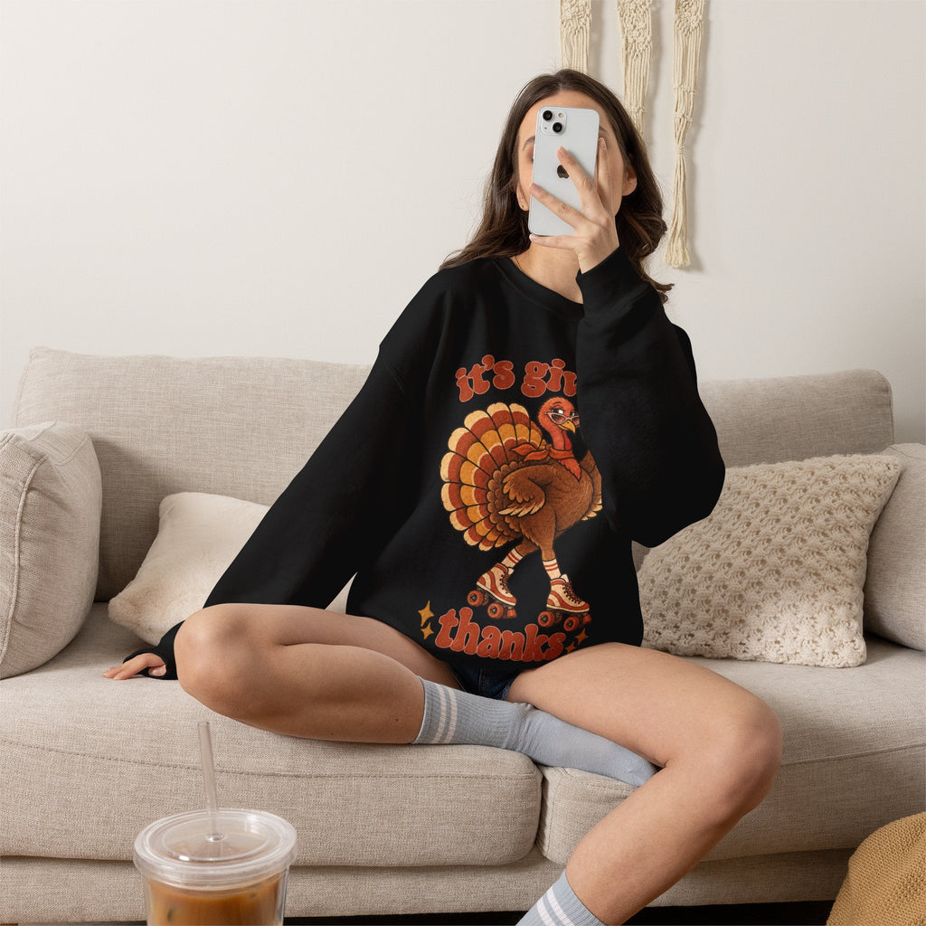 Wicked Thread Society black crewneck sweatshirt featuring a retro roller-skating turkey graphic for Thanksgiving.