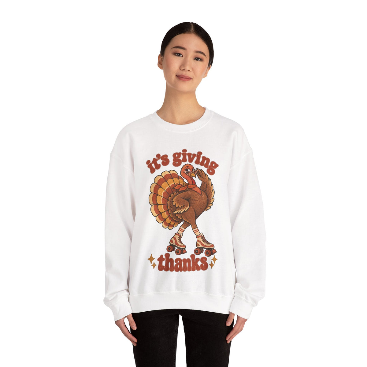 Wicked Thread Society white crewneck sweatshirt featuring a retro roller-skating turkey graphic for Thanksgiving.