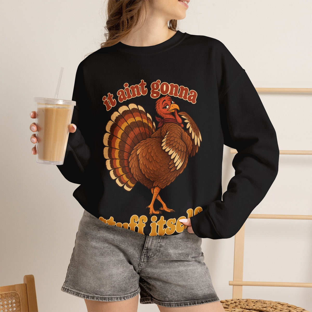 Wicked Thread Society black crewneck sweatshirt with a retro turkey graphic and It Aint Gonna Stuff Itself text