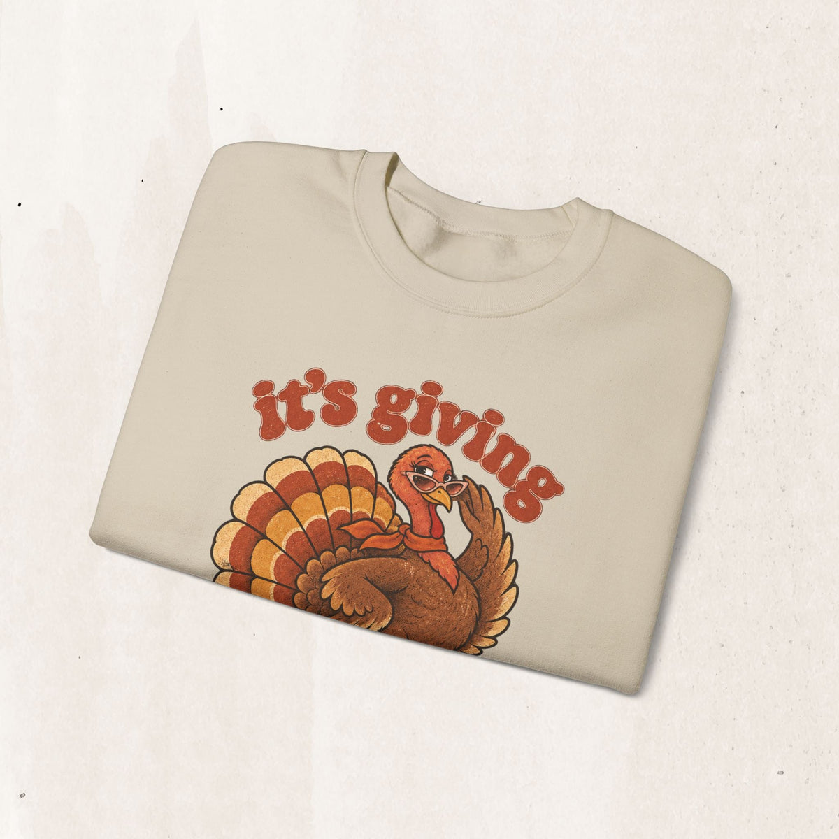 Wicked Thread Society beige crewneck sweatshirt featuring a retro roller-skating turkey graphic with autumnal text.