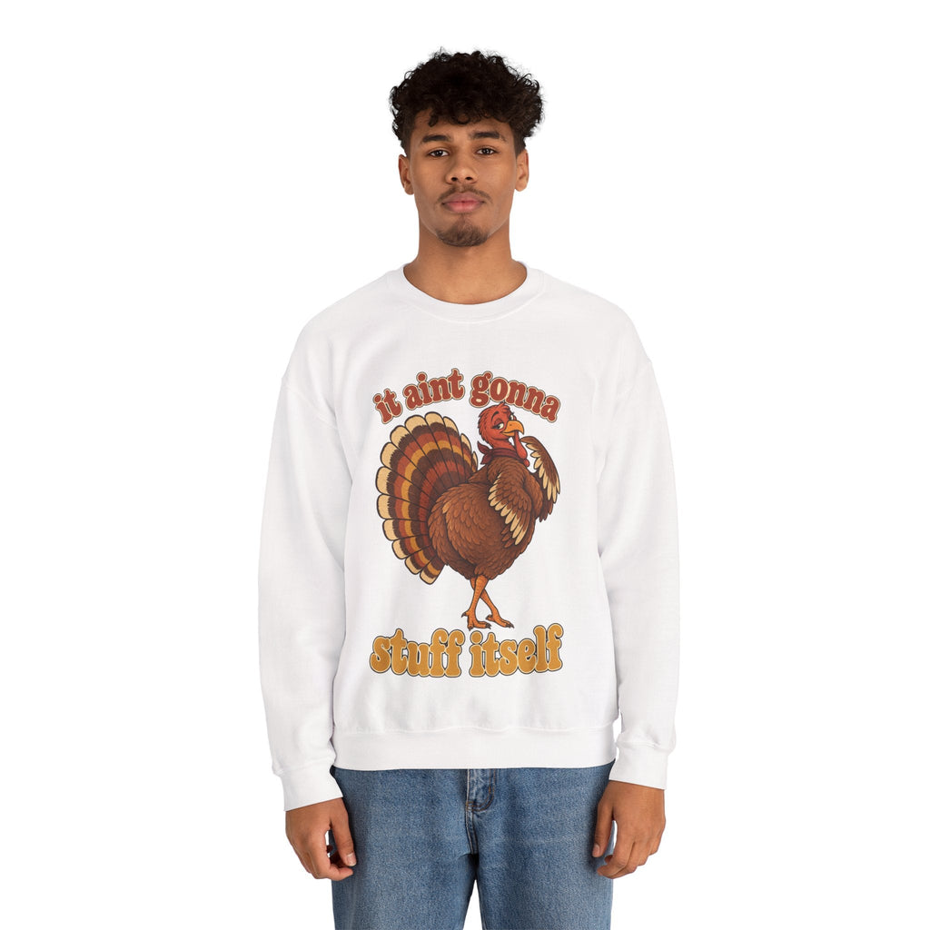 Wicked Thread Society white crewneck sweatshirt featuring a retro turkey graphic and It Aint Gonna Stuff Itself text