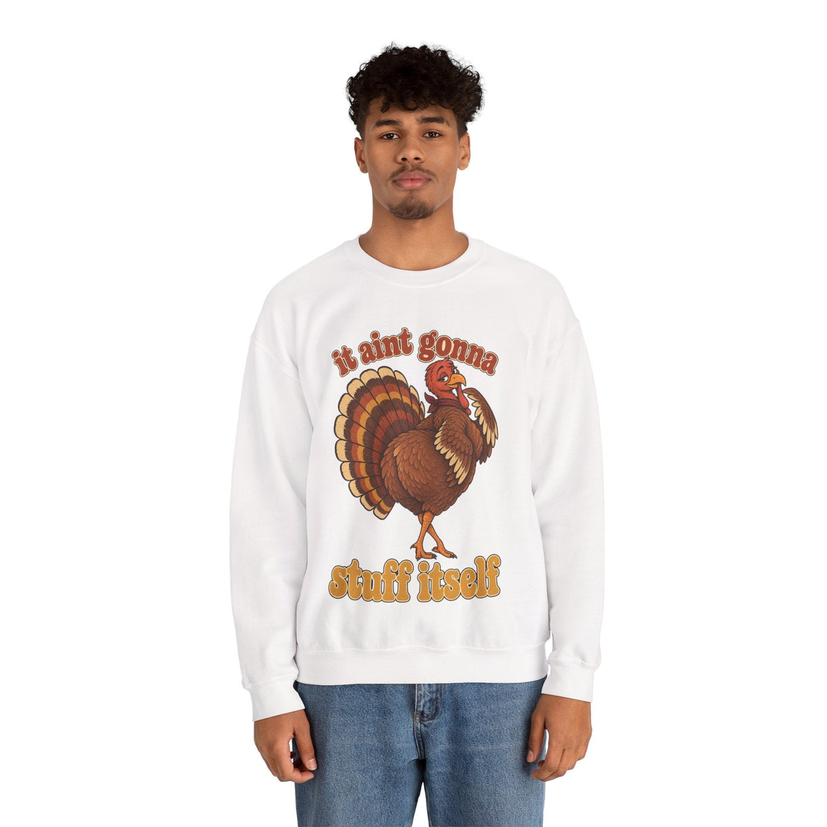 Wicked Thread Society white crewneck sweatshirt featuring a retro turkey graphic and It Aint Gonna Stuff Itself text