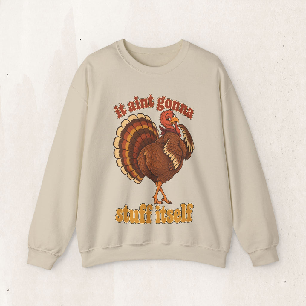 Wicked Thread Society beige crewneck sweatshirt with a retro turkey graphic and It Ain't Gonna Stuff Itself slogan.