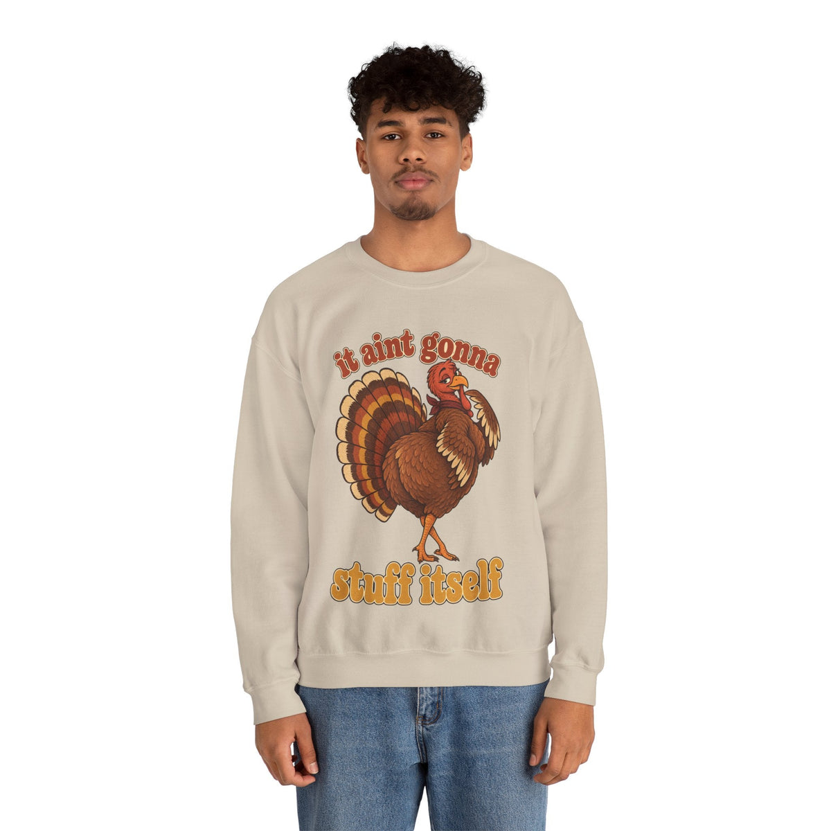 Wicked Thread Society beige crewneck sweatshirt featuring a retro turkey graphic and the text It Ain't Gonna Stuff Itself