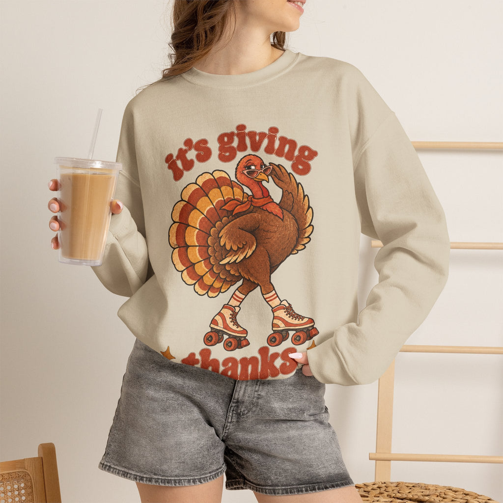 Wicked Thread Society beige crewneck sweatshirt featuring a retro turkey on roller skates with Thanksgiving text
