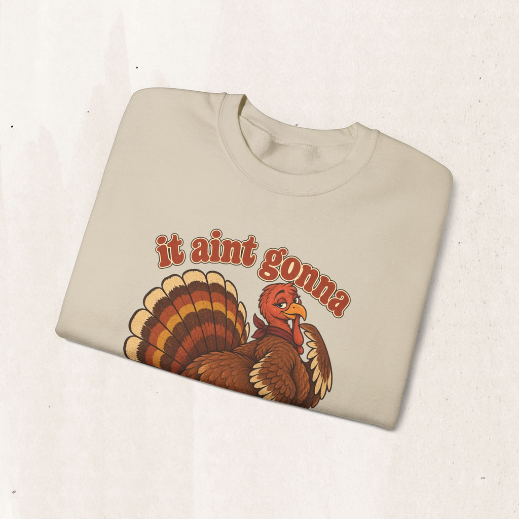 Wicked Thread Society beige crewneck sweatshirt featuring a retro turkey graphic and the text It Aint Gonna Stuff Itself