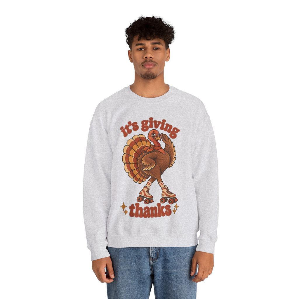 Wicked Thread Society light grey crewneck sweatshirt featuring a retro roller-skating turkey graphic for Thanksgiving.