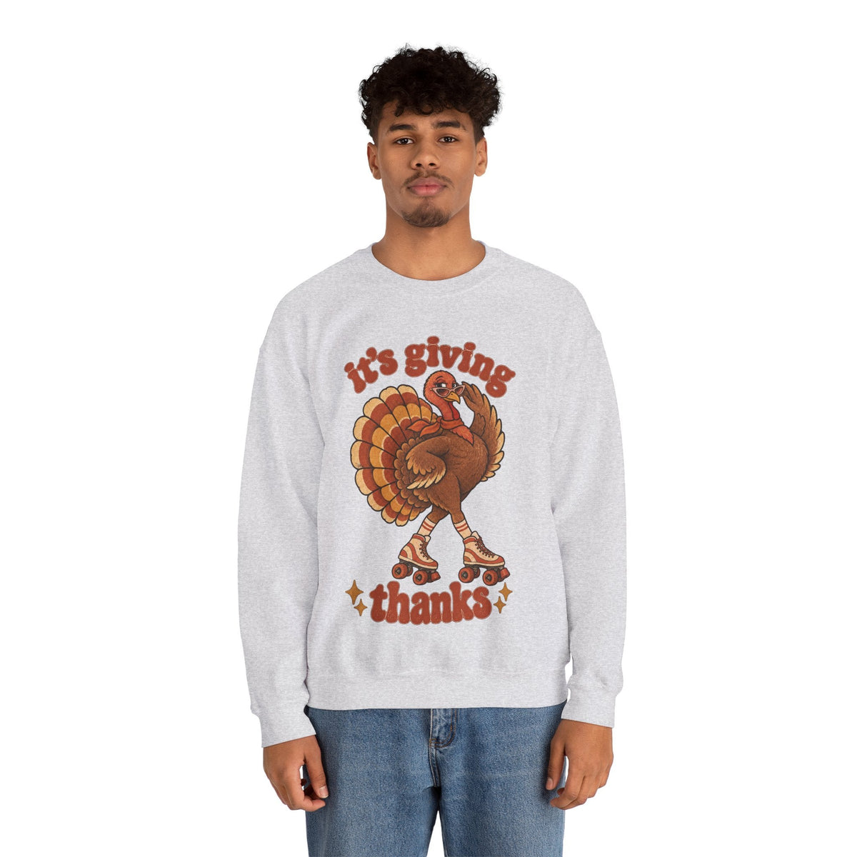 Wicked Thread Society light grey crewneck sweatshirt featuring a retro roller-skating turkey graphic for Thanksgiving.