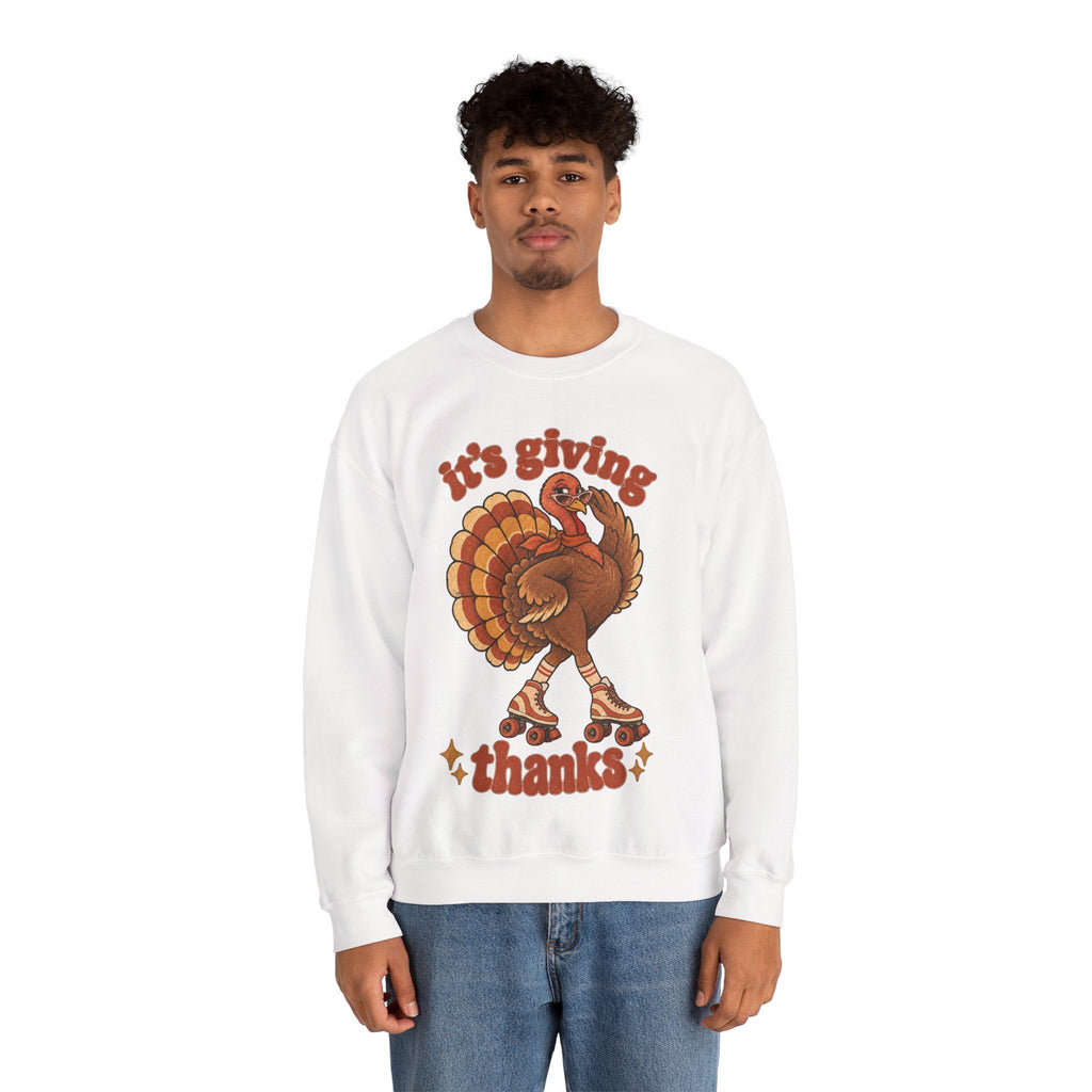 Wicked Thread Society white crewneck sweatshirt featuring a retro roller-skating turkey graphic for Thanksgiving.