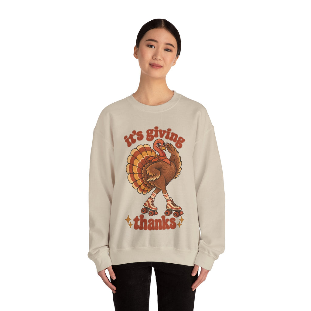 Wicked Thread Society beige crewneck sweatshirt featuring a retro roller-skating turkey graphic for Thanksgiving