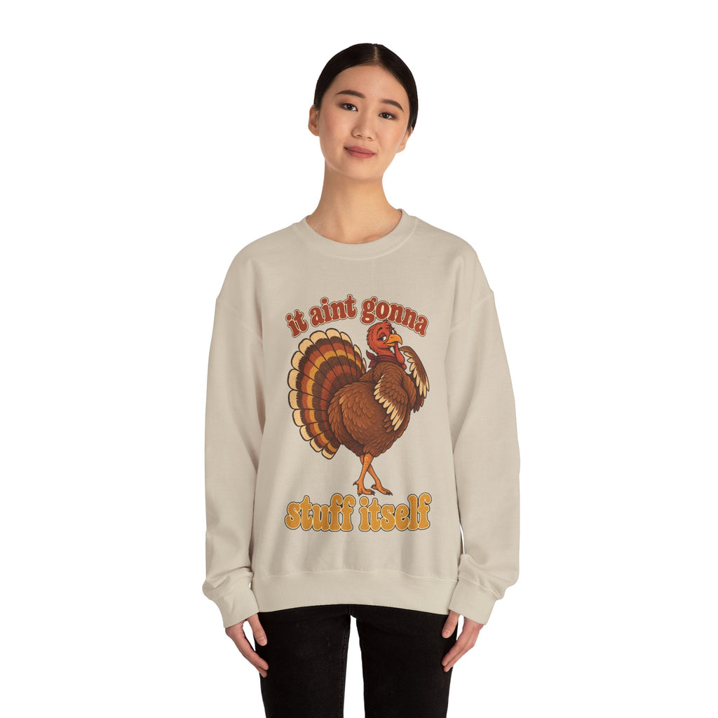 Wicked Thread Society beige crewneck sweatshirt with a retro turkey graphic and It Ain't Gonna Stuff Itself slogan.