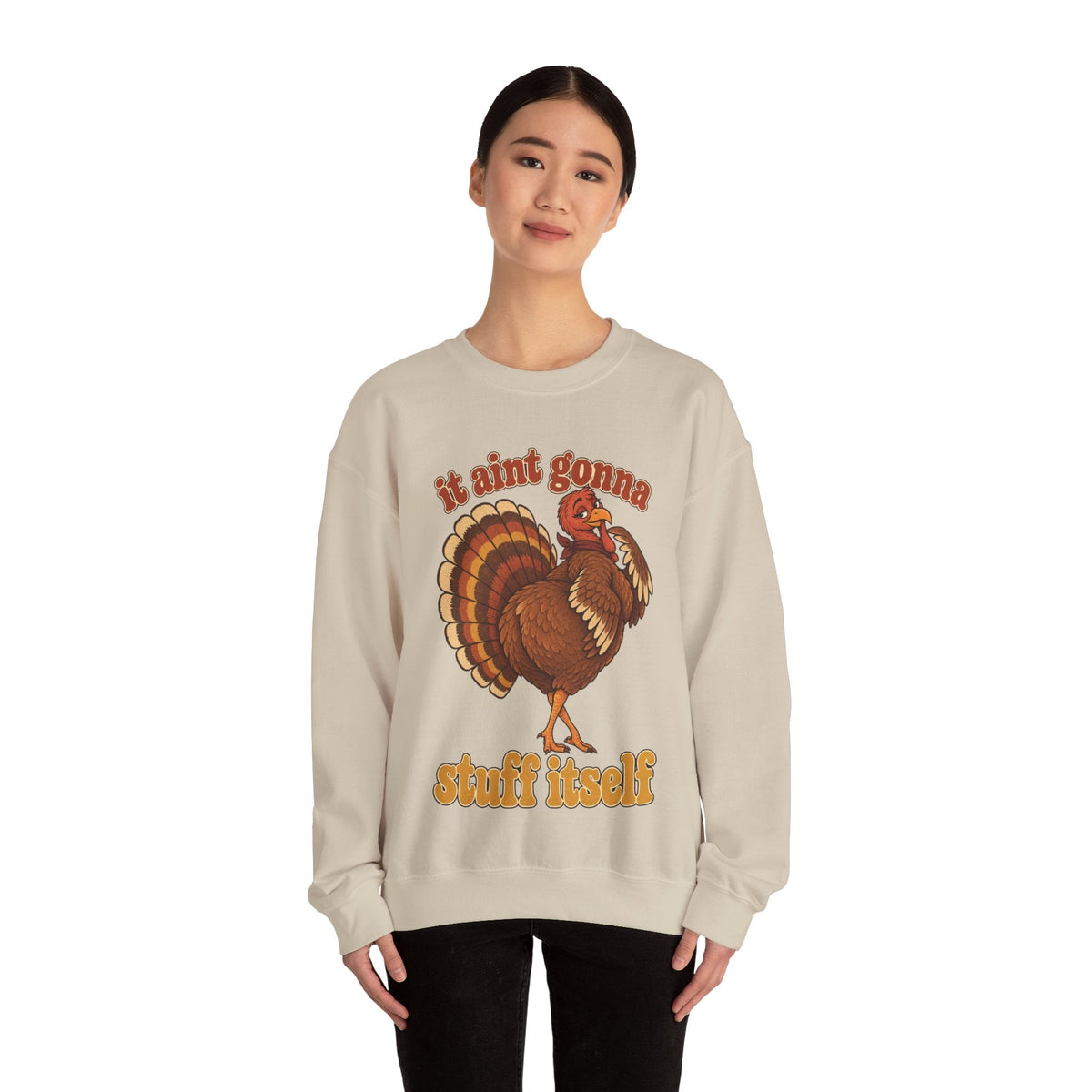 Wicked Thread Society beige crewneck sweatshirt with a retro turkey graphic and It Ain't Gonna Stuff Itself slogan.
